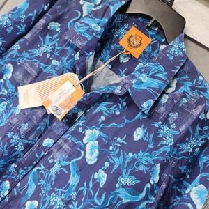 $195 NWT CONIGLIO PALM BEACH Classic Button Down Cranes Indigo O/S Linen‎ Cotton